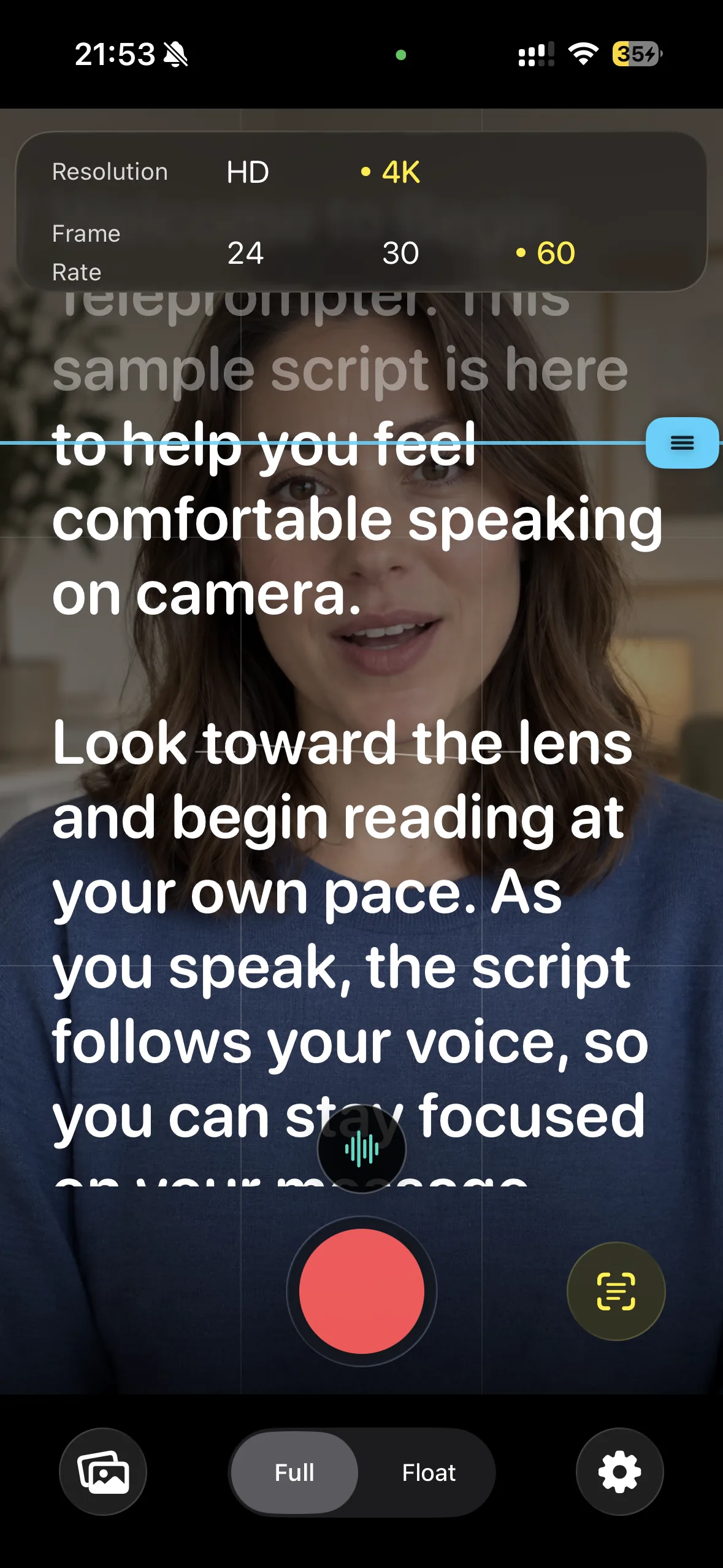BeginTeleprompter native camera controls with 4K and frame-rate options